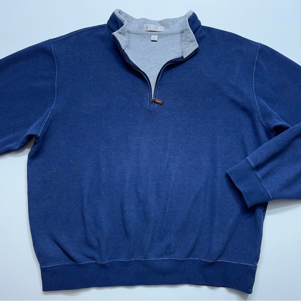 Peter Millar 1/4 Zip Sweater Mens Large Blue Cotton Pullover Golf Preppy.